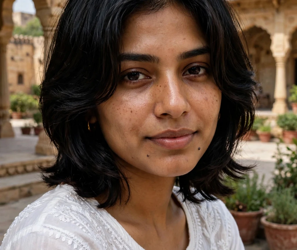 Woman with a layered stacked bob and middle part