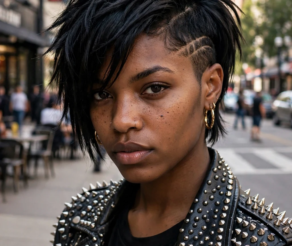 Woman with a modern edgy layered stacked bob