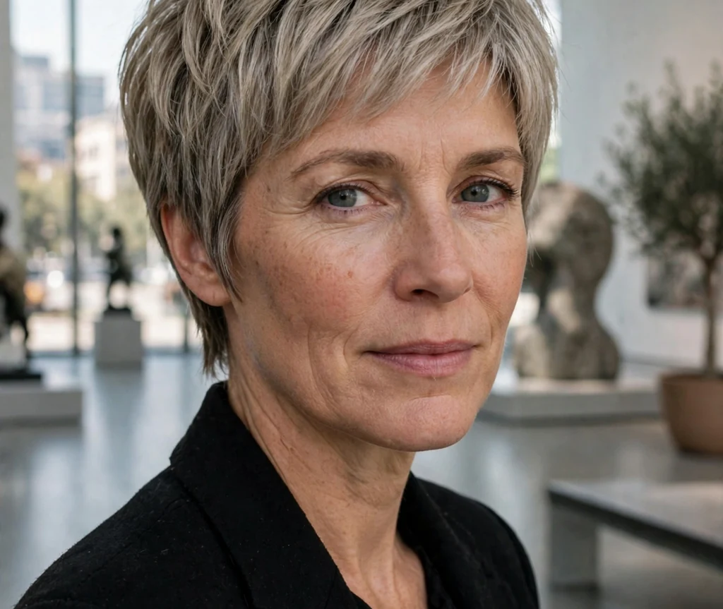 Woman with a pixie-long layered stacked bob