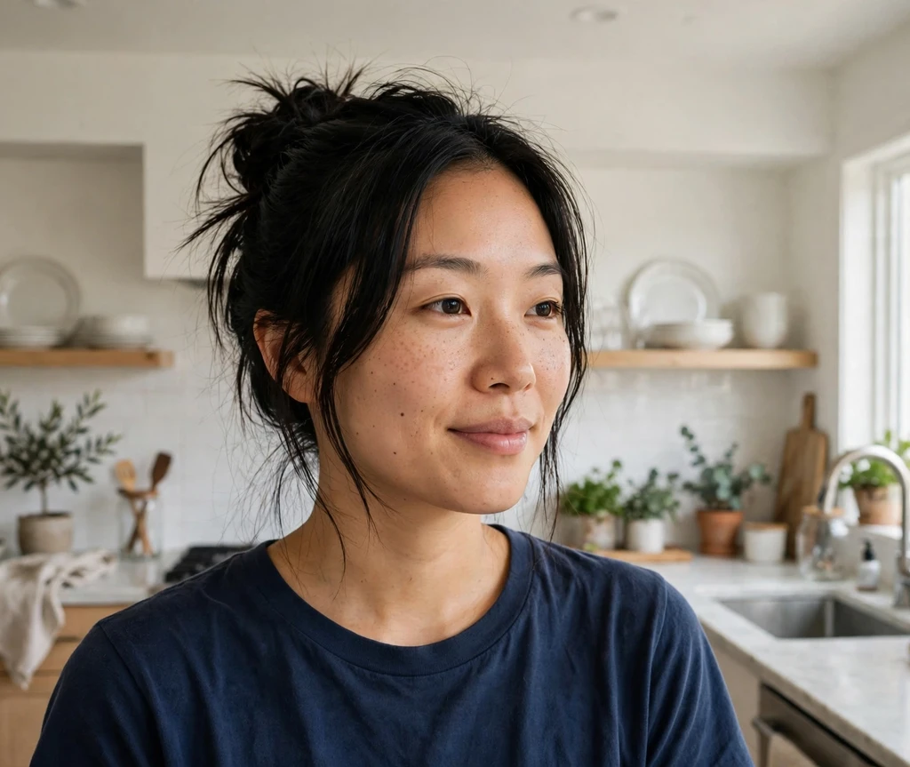 Woman with a quick messy bun in a home kitchen