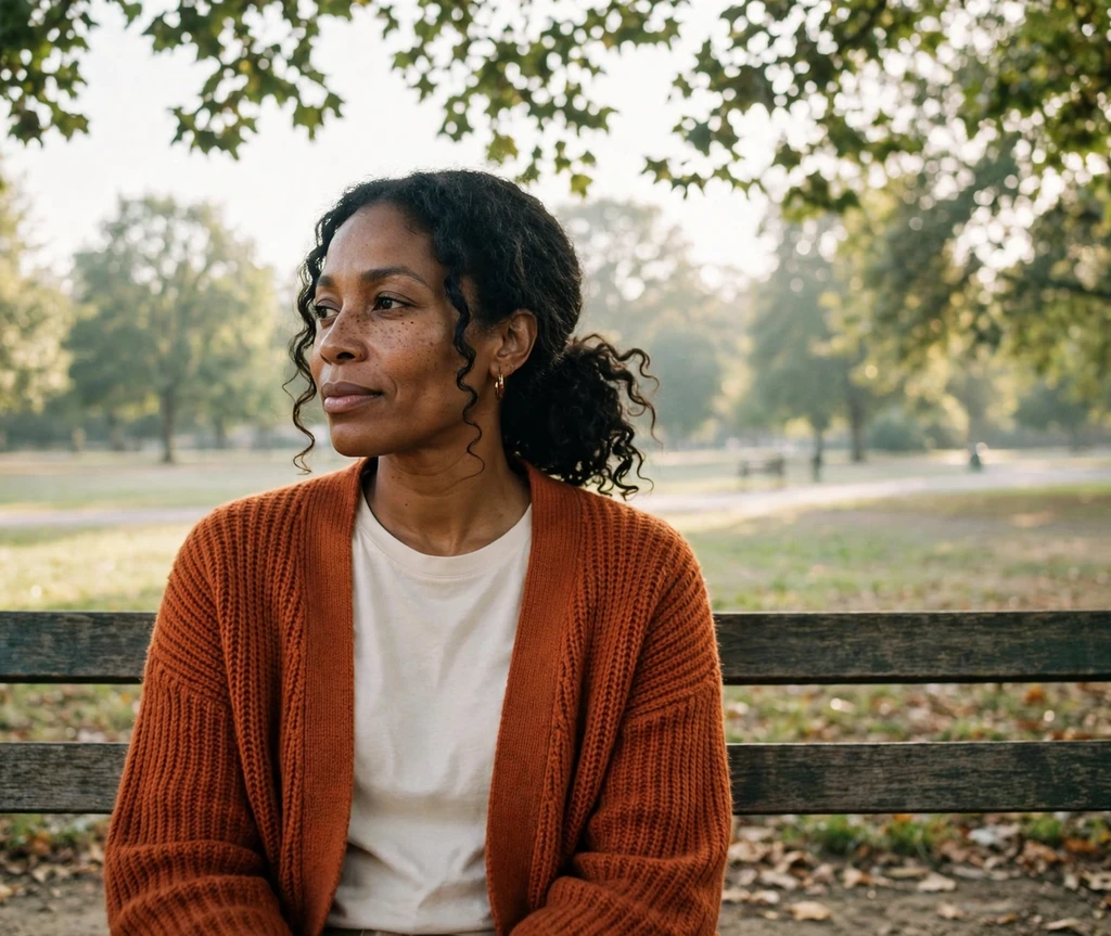 Woman with a low slouchy ponytail on a park bench