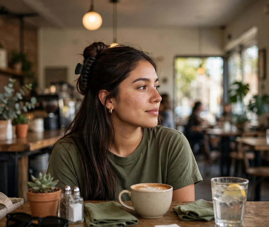 Woman with a claw clip twist at a coffee shop