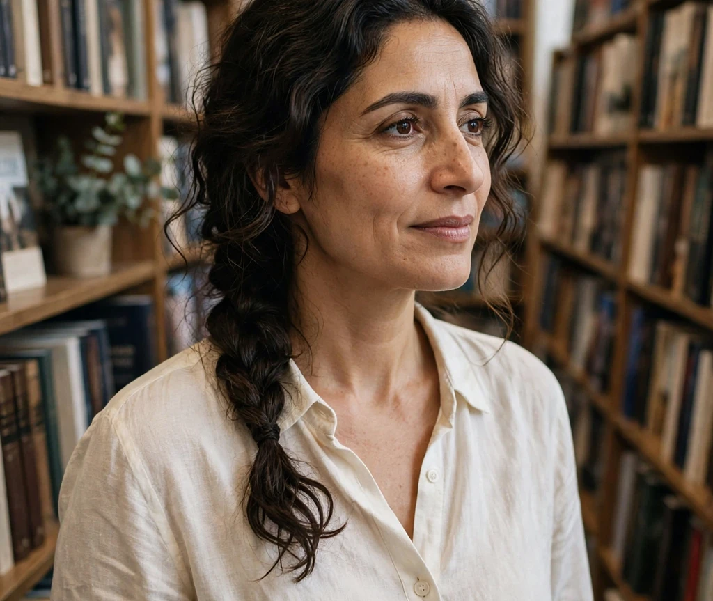 Woman with a loose side braid in a bookstore
