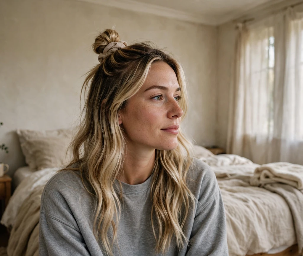 Woman with a half-up top knot in a bedroom
