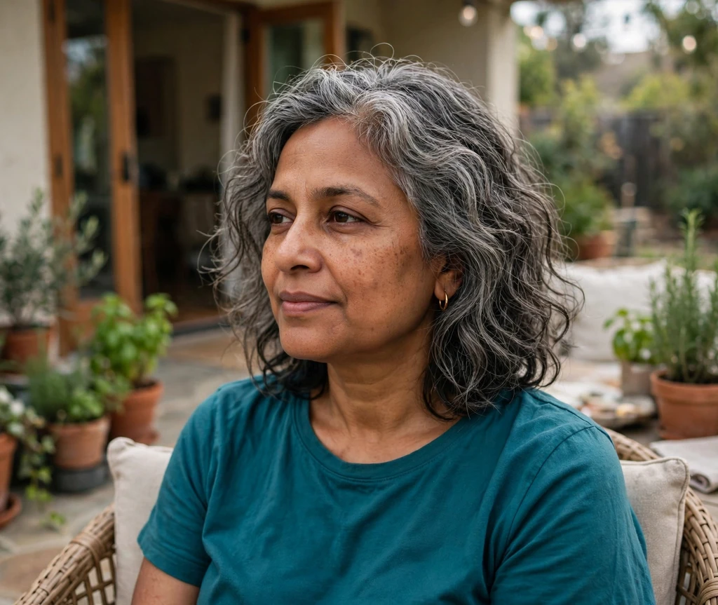 Woman with air-dried tousled waves on a patio