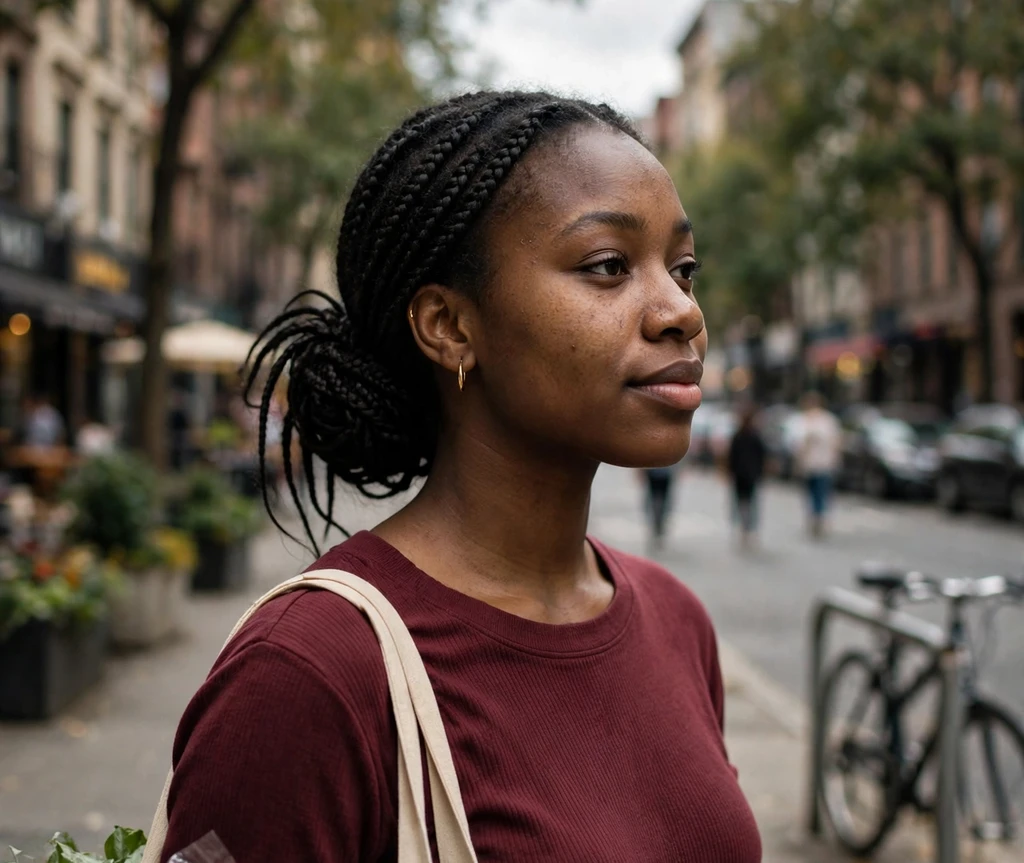 Woman with a relaxed low chignon on a city street