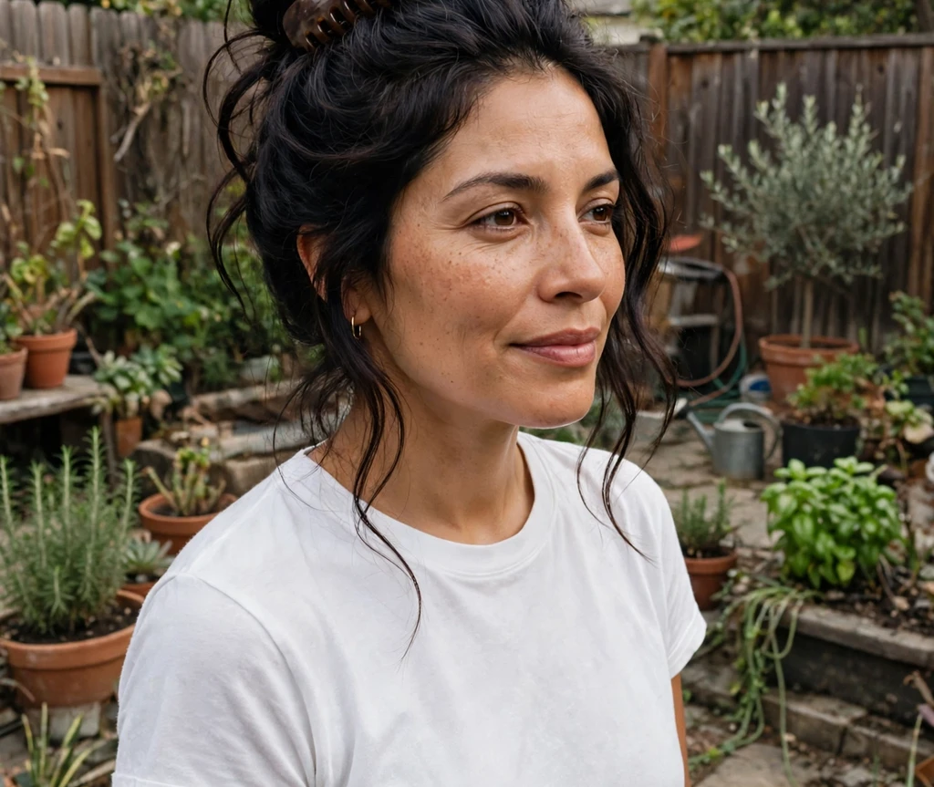 Woman with an oversized claw clip updo in a backyard