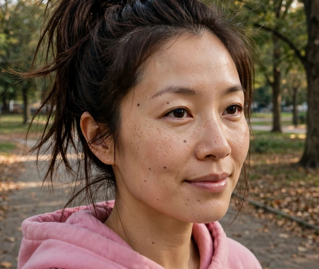 Woman with a high messy ponytail on a park path