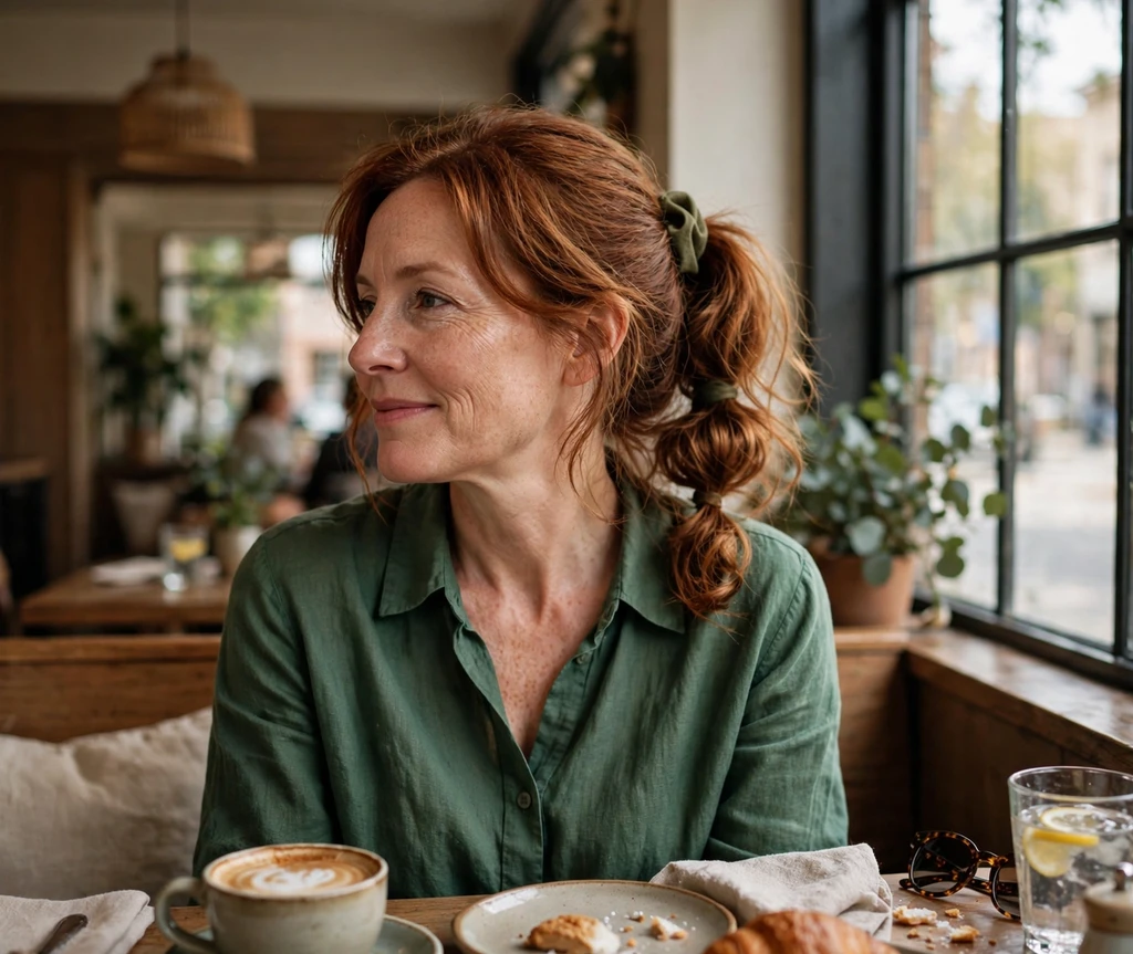 Woman with an easy bubble ponytail at a cafe