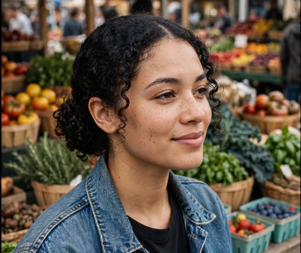 Woman with a middle-part low bun at a farmers market