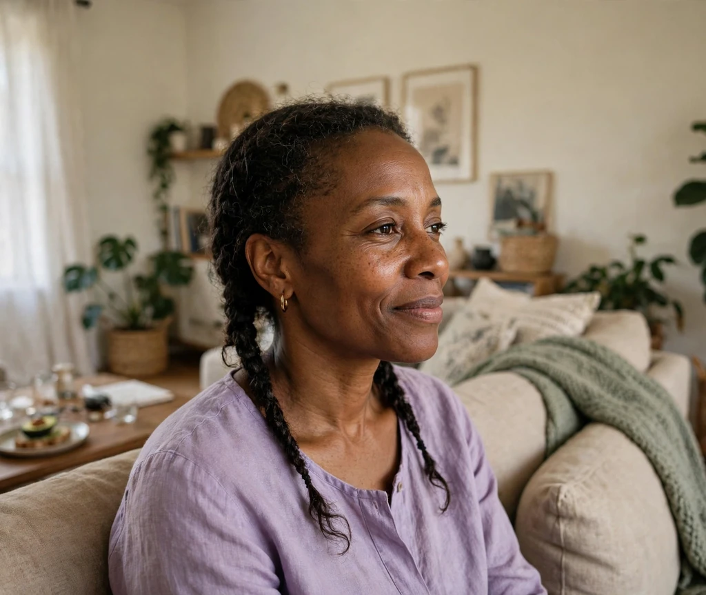 Woman with two loose braids on a living room couch