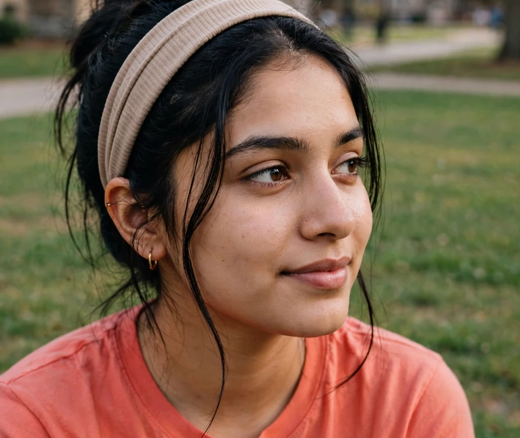 Woman with a headband tuck hairstyle on a campus lawn