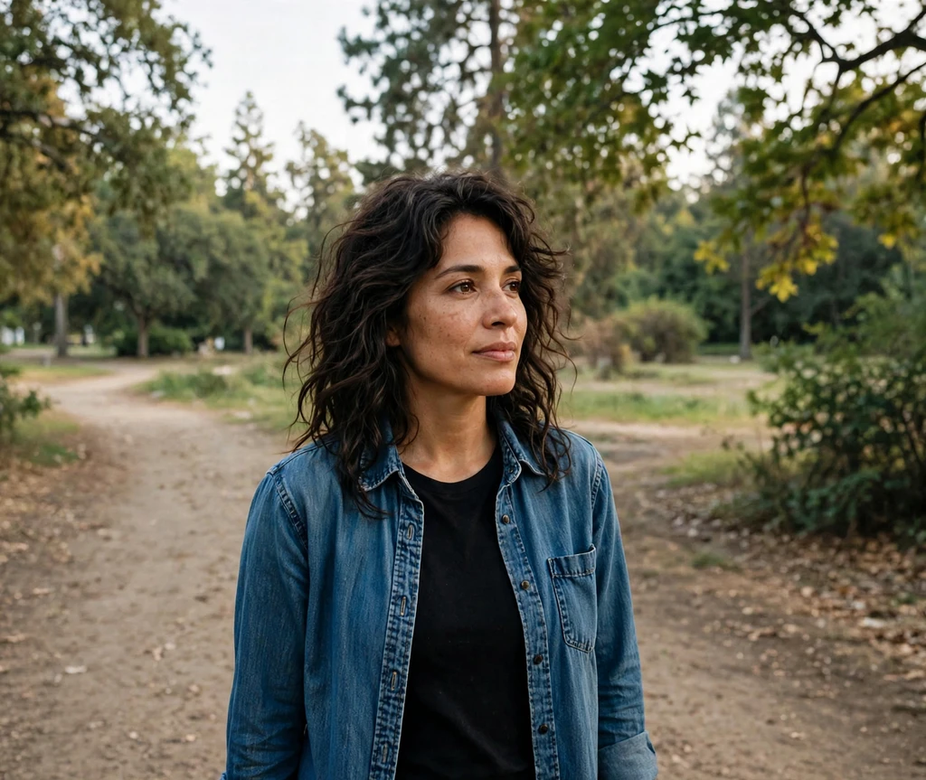 Woman with undone shag layers on a park trail