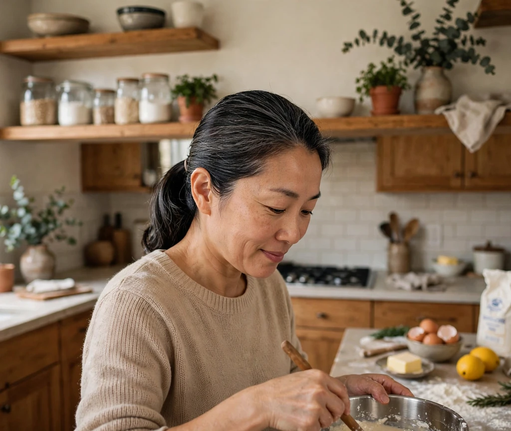 Woman with a slicked low ponytail in a kitchen