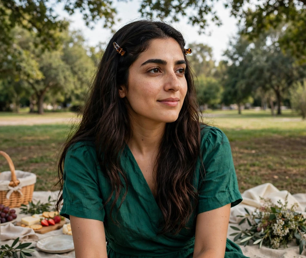 Woman with pinned-back front pieces at a park picnic