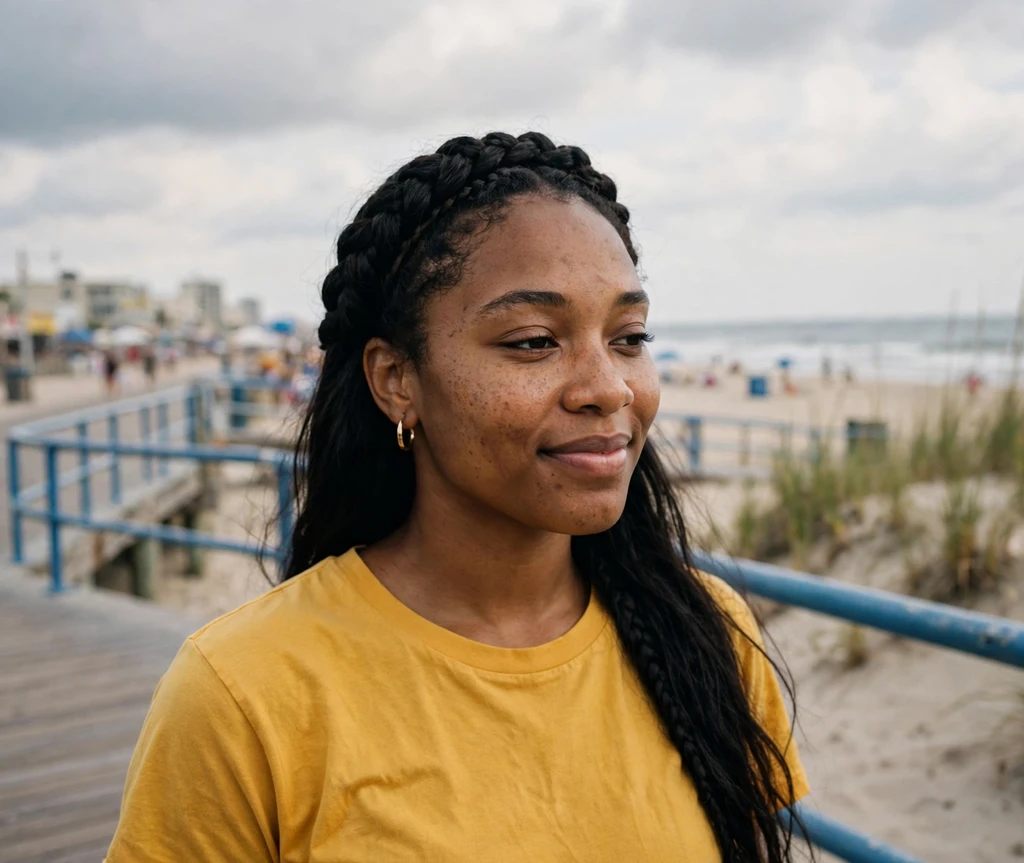 Woman with a braided headband crown on a beach boardwalk