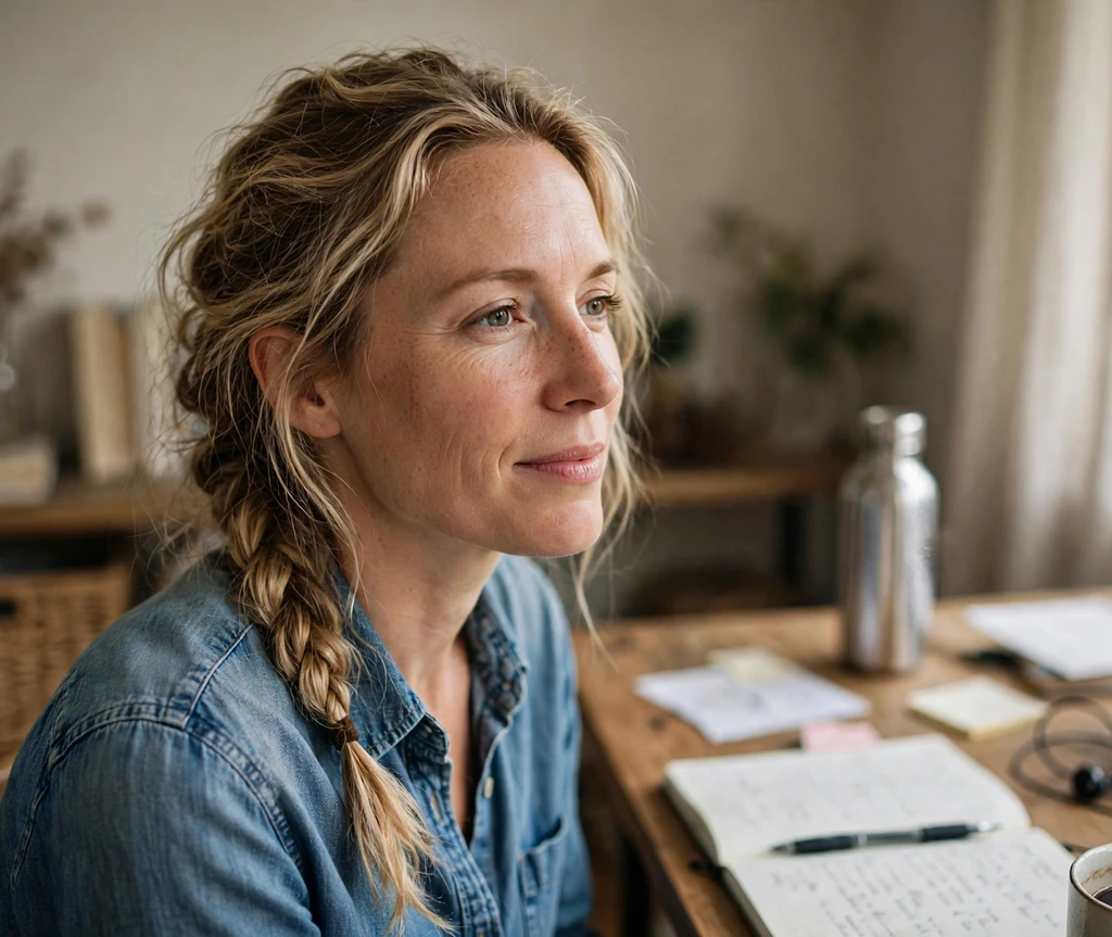 Woman with a loose fishtail braid at a home office desk