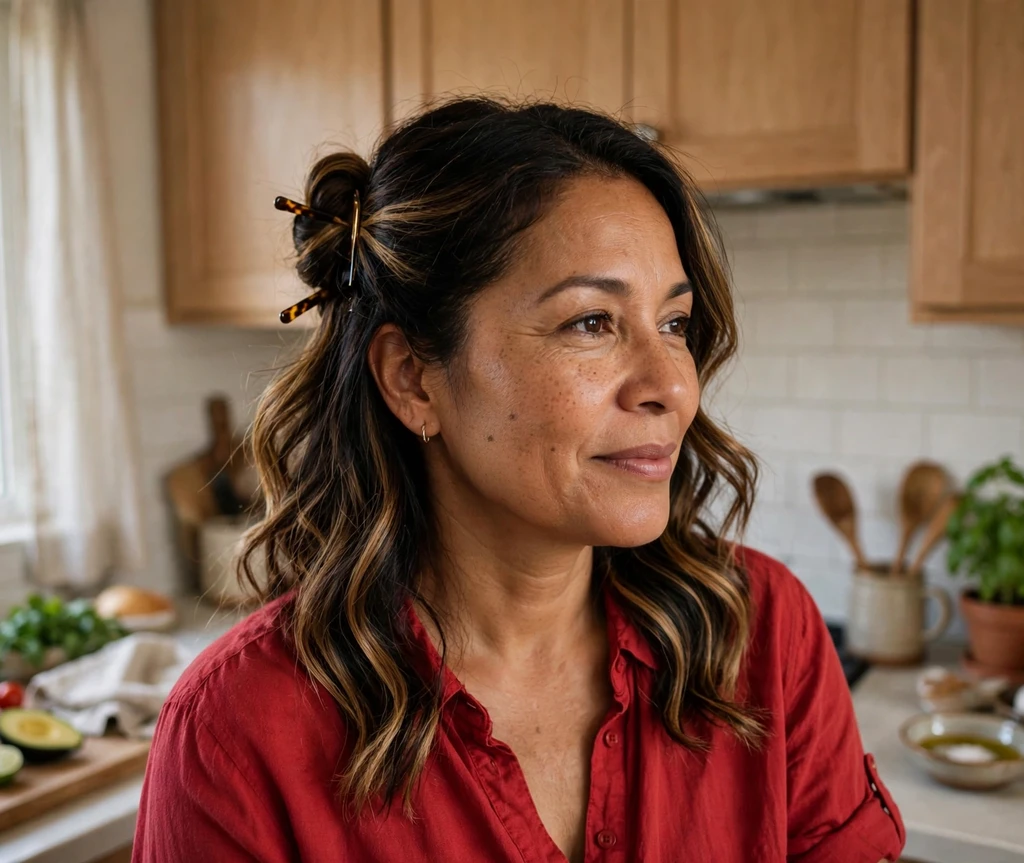 Woman with a twist-and-pin half-up hairstyle in a kitchen