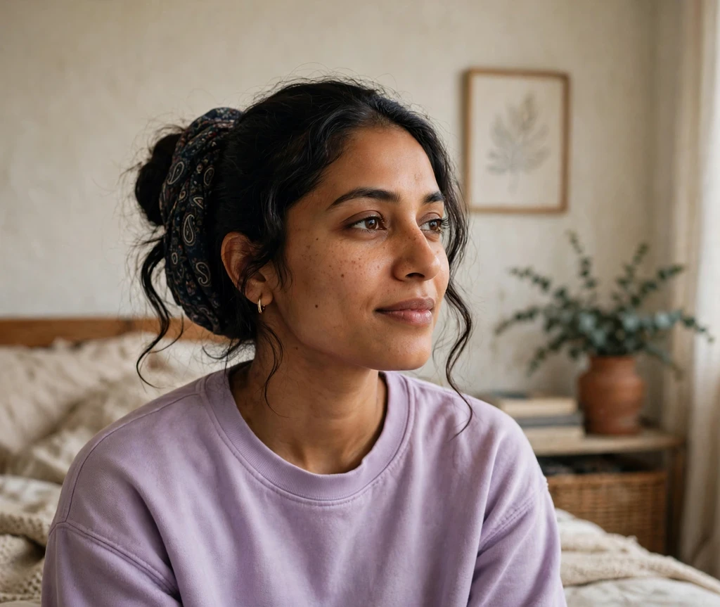Woman with a scarf-wrapped low bun in a bedroom