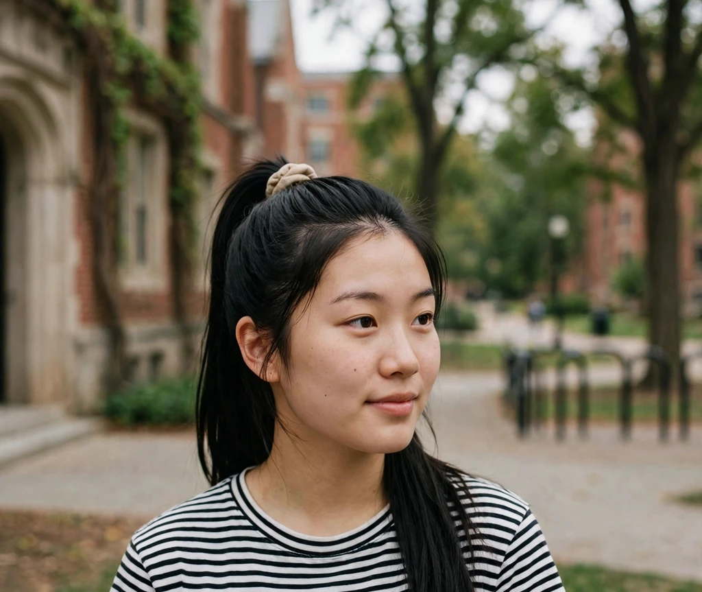 Woman with a scrunchie high ponytail on a college campus