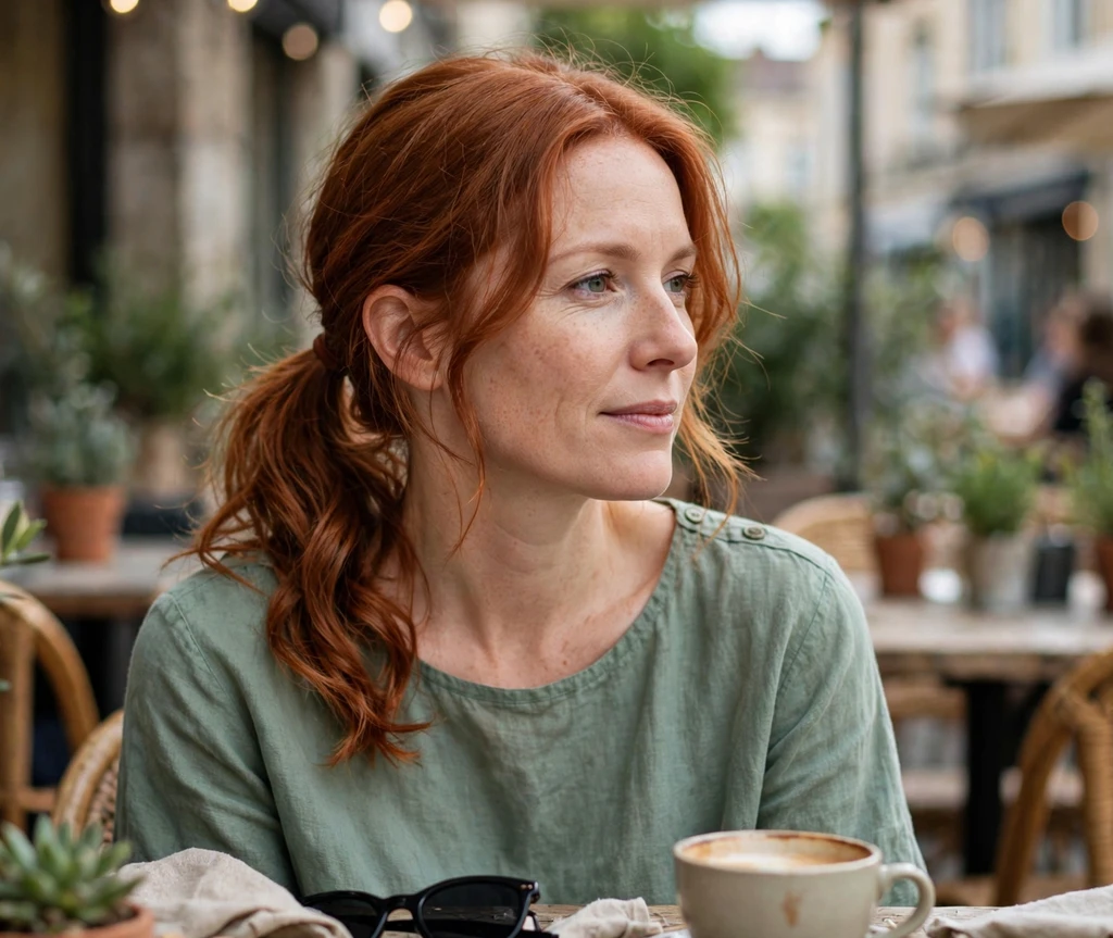 Woman with a side-swept low ponytail on a cafe patio