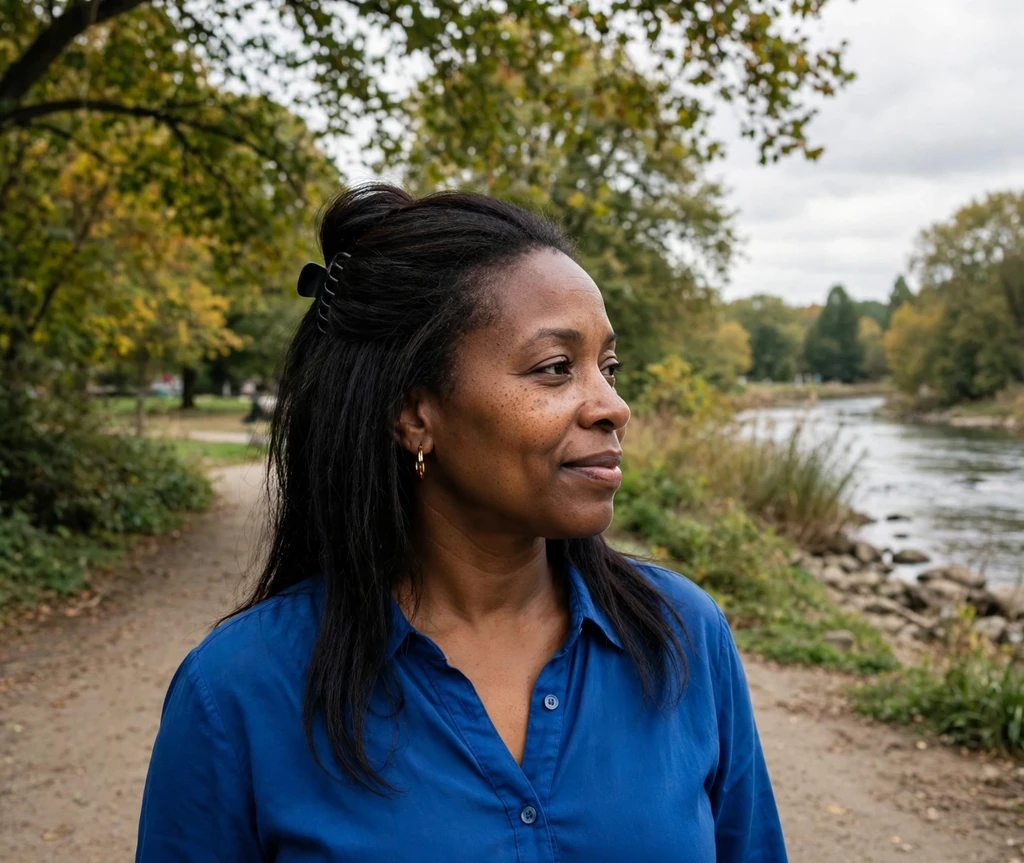 Woman with a claw clip half-updo on a riverside walk