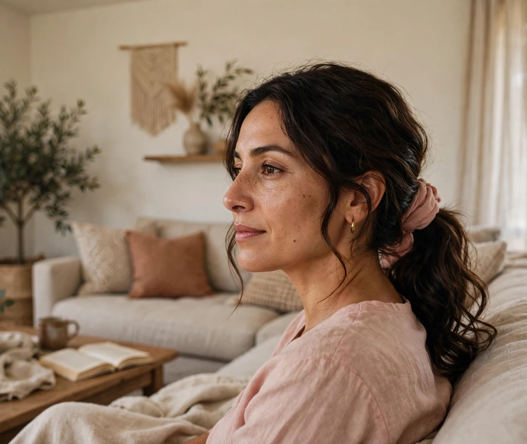 Woman with a wrapped low ponytail on a living room couch