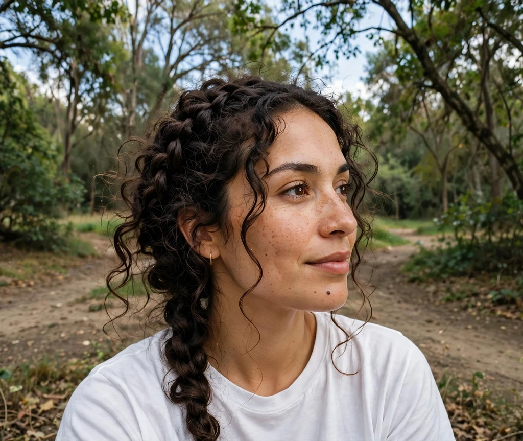Woman with a messy French braid on a park trail