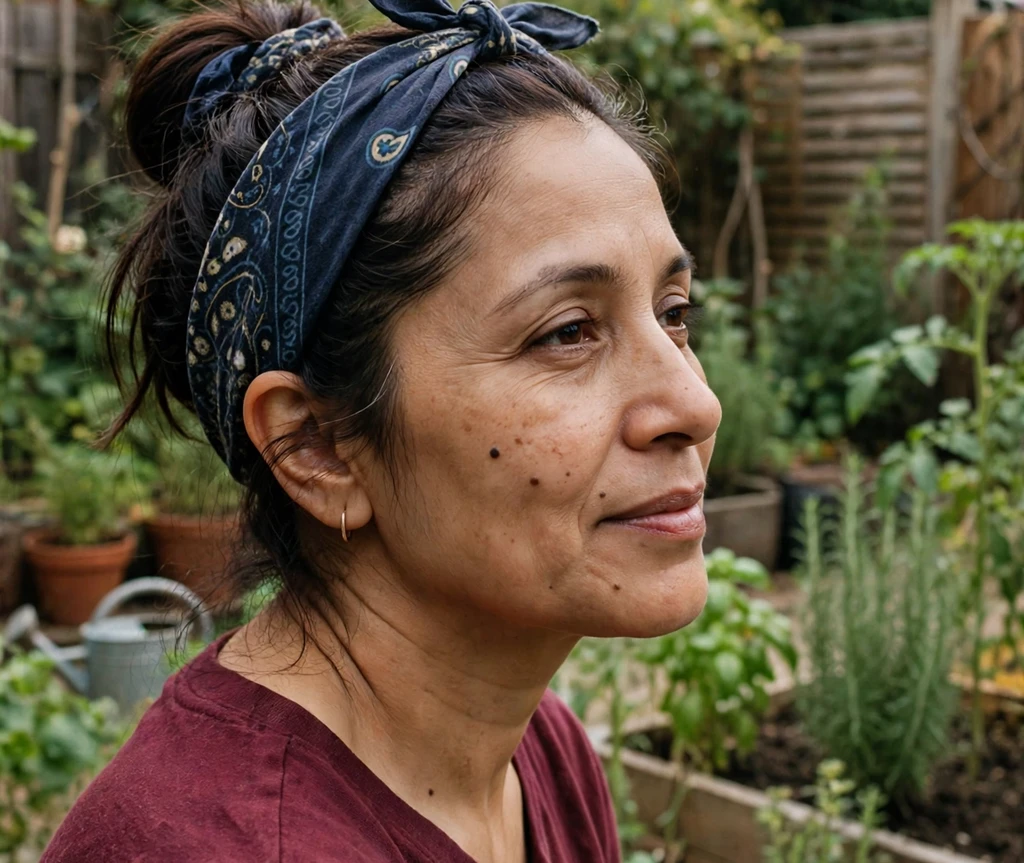 Woman with a bandana tie-up hairstyle in a backyard garden