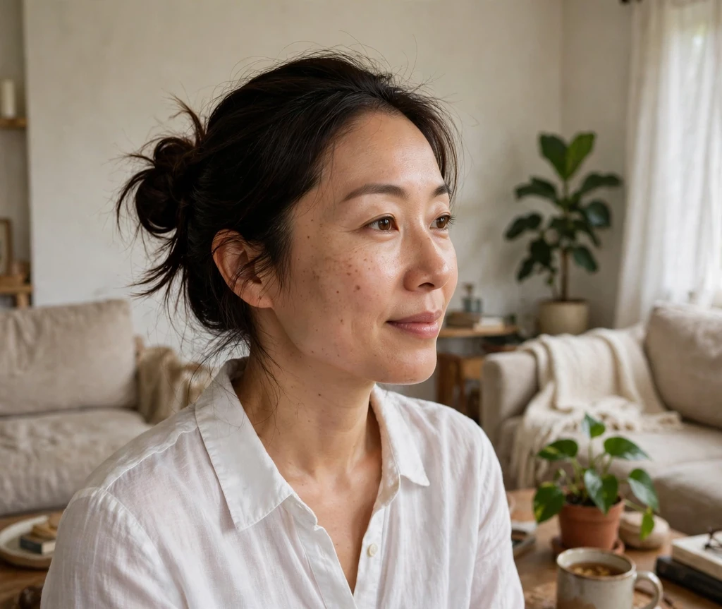 Woman with a relaxed ballerina bun in a living room
