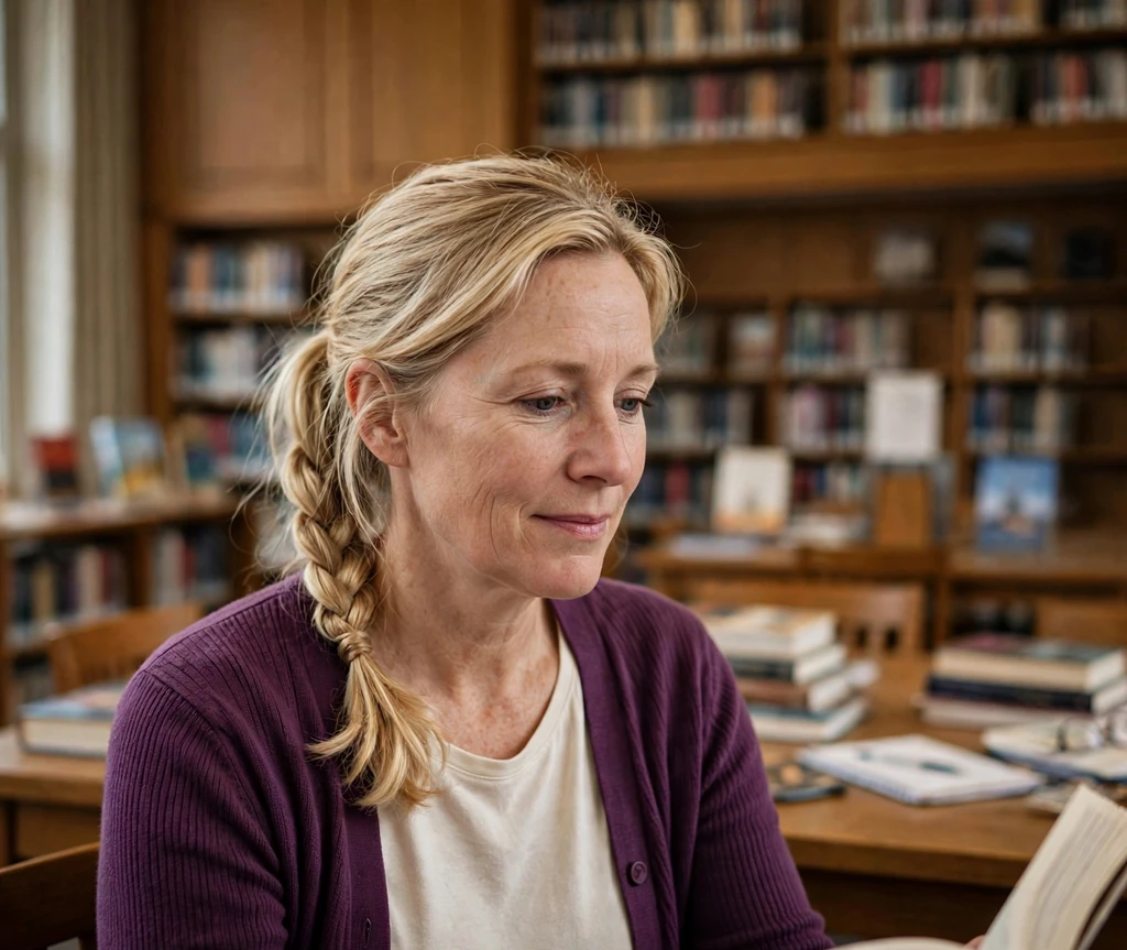 Woman with a rope twist ponytail in a library