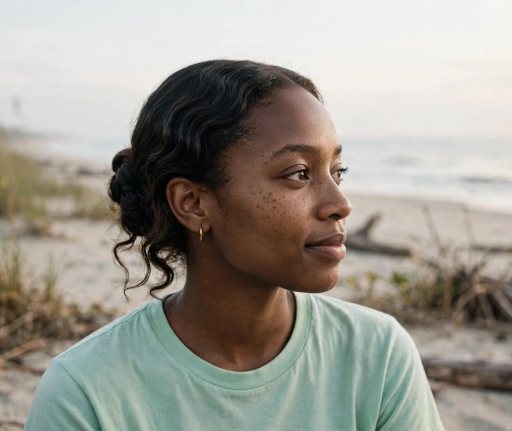 Woman with a tucked-in French twist on a beach