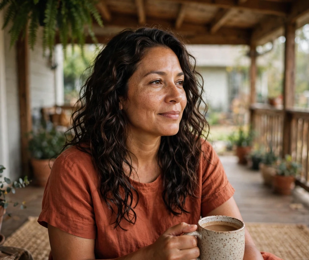 Woman with overnight braid waves on a porch