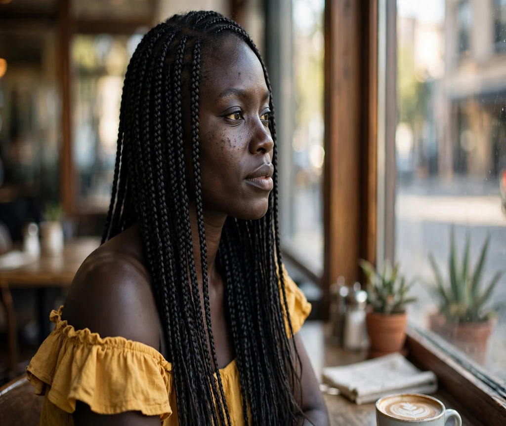 Black woman with classic side-swept lemonade braids at a cafe