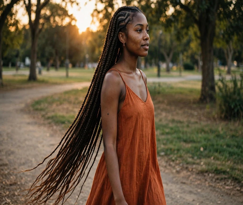 Black woman with waist-length lemonade braids on a park path