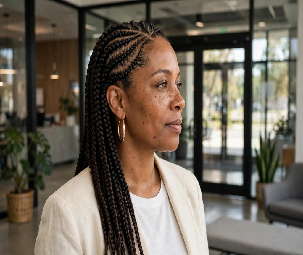 Black woman with a deep side part lemonade braids in an office lobby