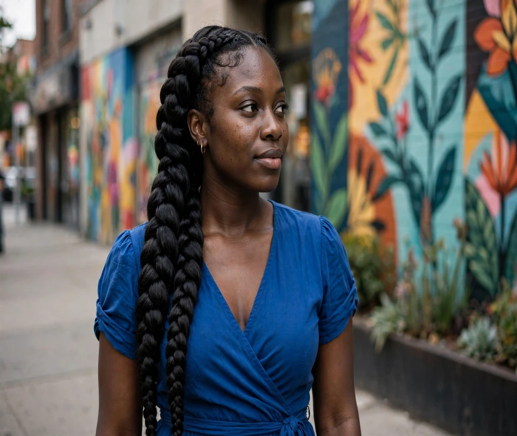 Black woman with jumbo lemonade braids on a city sidewalk