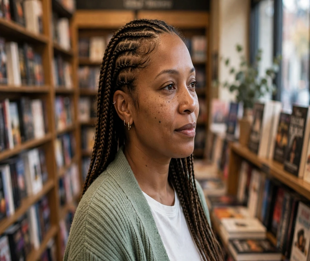 Black woman with small feed-in lemonade braids in a bookstore