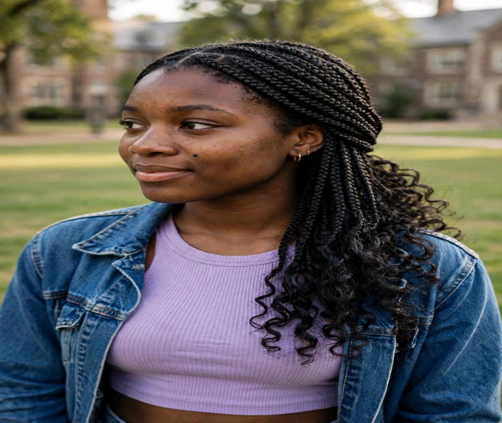 Black woman with lemonade braids and curly ends on a campus lawn