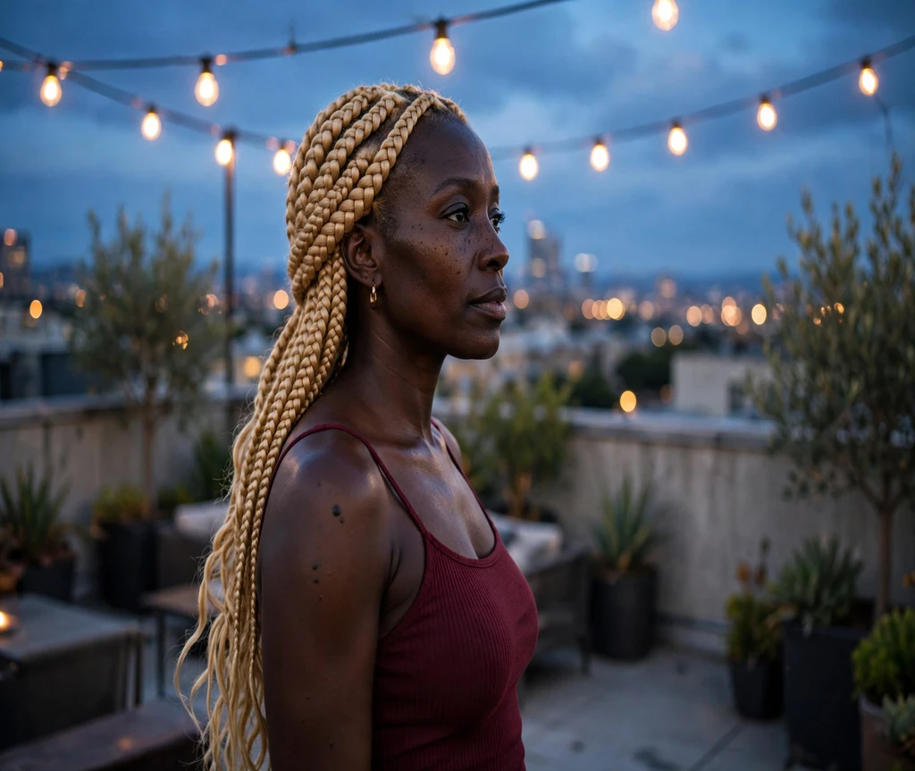 Black woman with honey-blonde lemonade braids on a rooftop at night