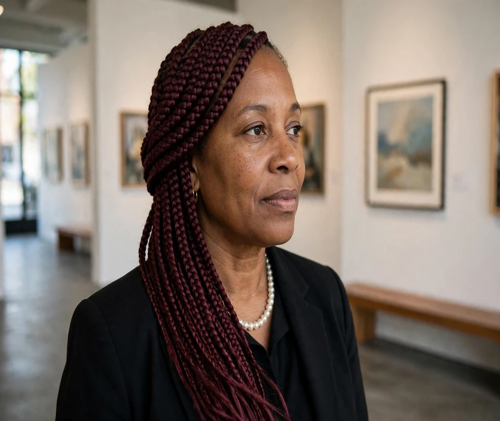 Black woman with burgundy lemonade braids in an art gallery