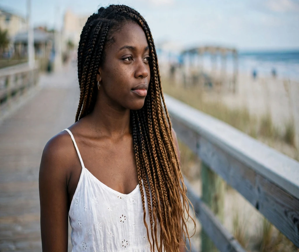 Black woman with ombre lemonade braids on a beach boardwalk