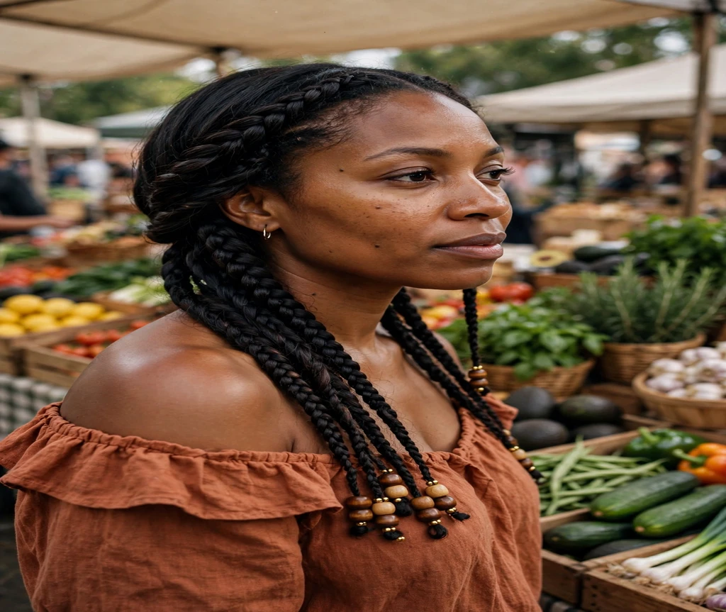 Black woman with beaded lemonade braids at a farmers market