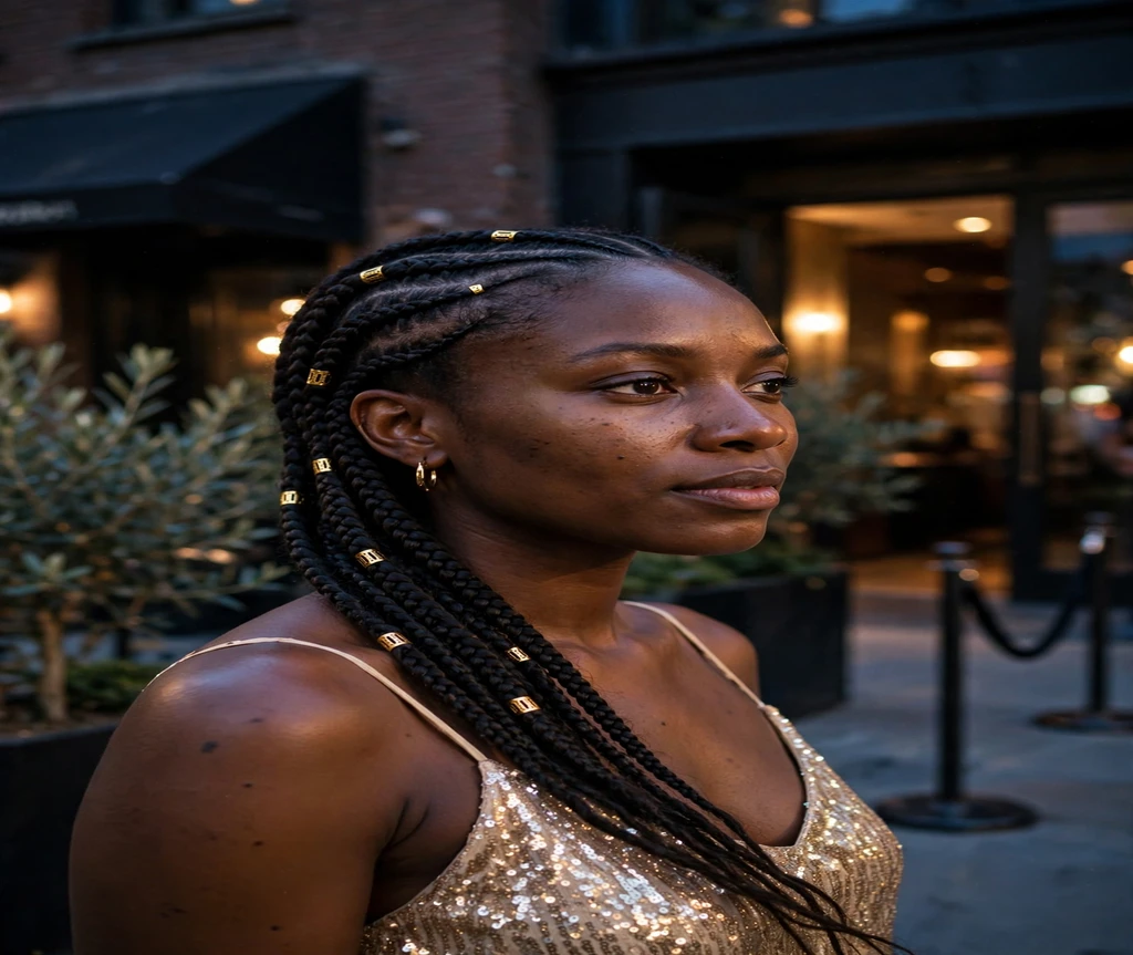 Black woman with gold cuffs on lemonade braids in the evening