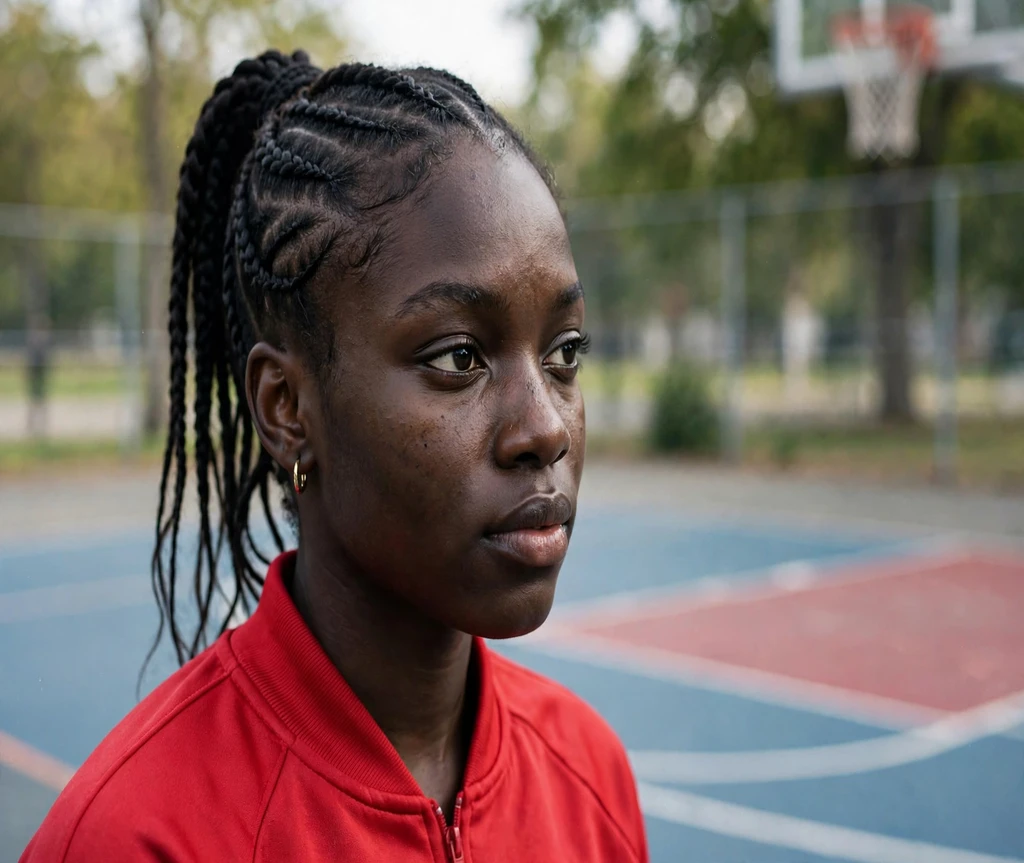 Black woman with lemonade braids in a high ponytail on a basketball court