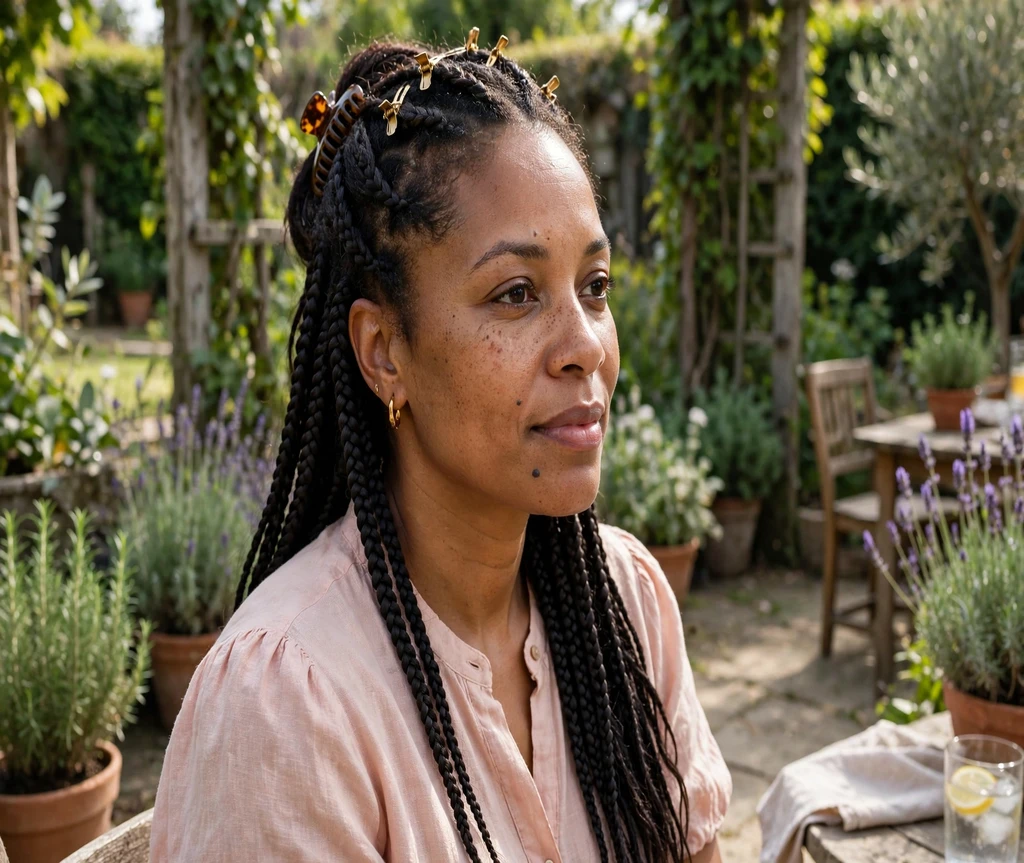 Black woman with half-up half-down lemonade braids on a garden patio