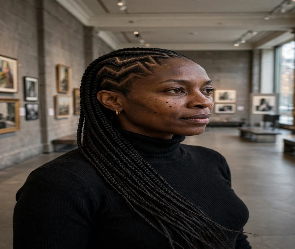 Black woman with zigzag-part lemonade braids in an art museum