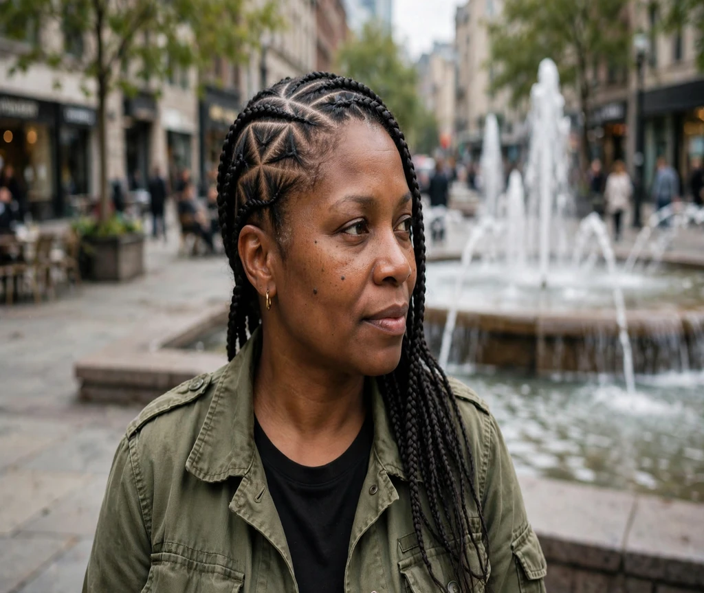 Black woman with triangle-part lemonade braids in a city plaza