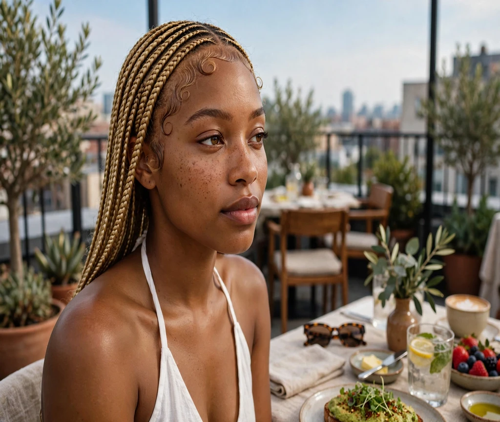 Black woman with laid baby hairs and lemonade braids at a rooftop brunch