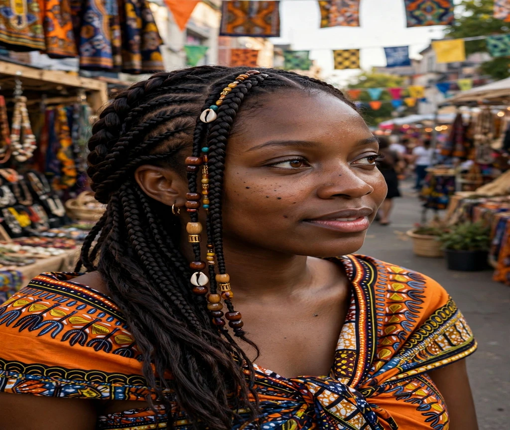 Black woman with Fulani-inspired lemonade braids at a cultural festival